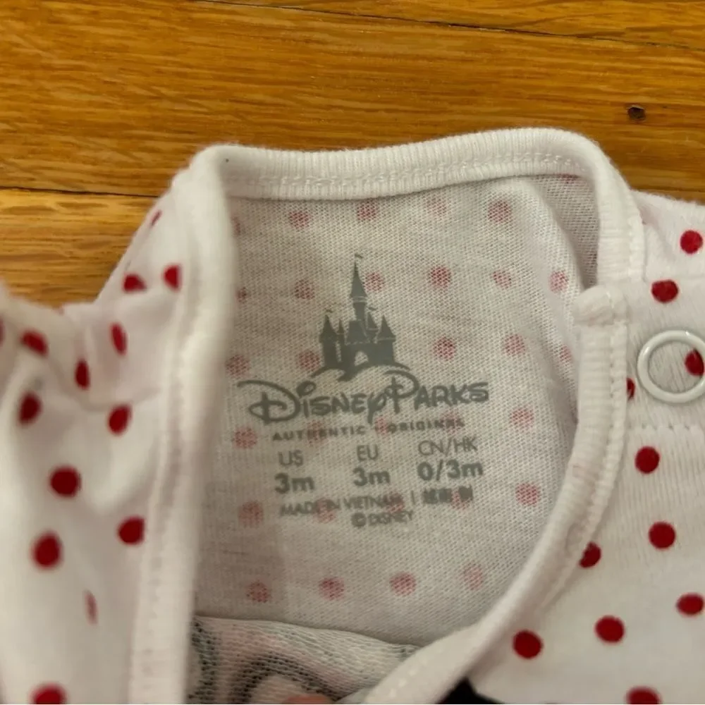 Disney Parks Minnie Mouse white/red polka dot embroidered body onesie